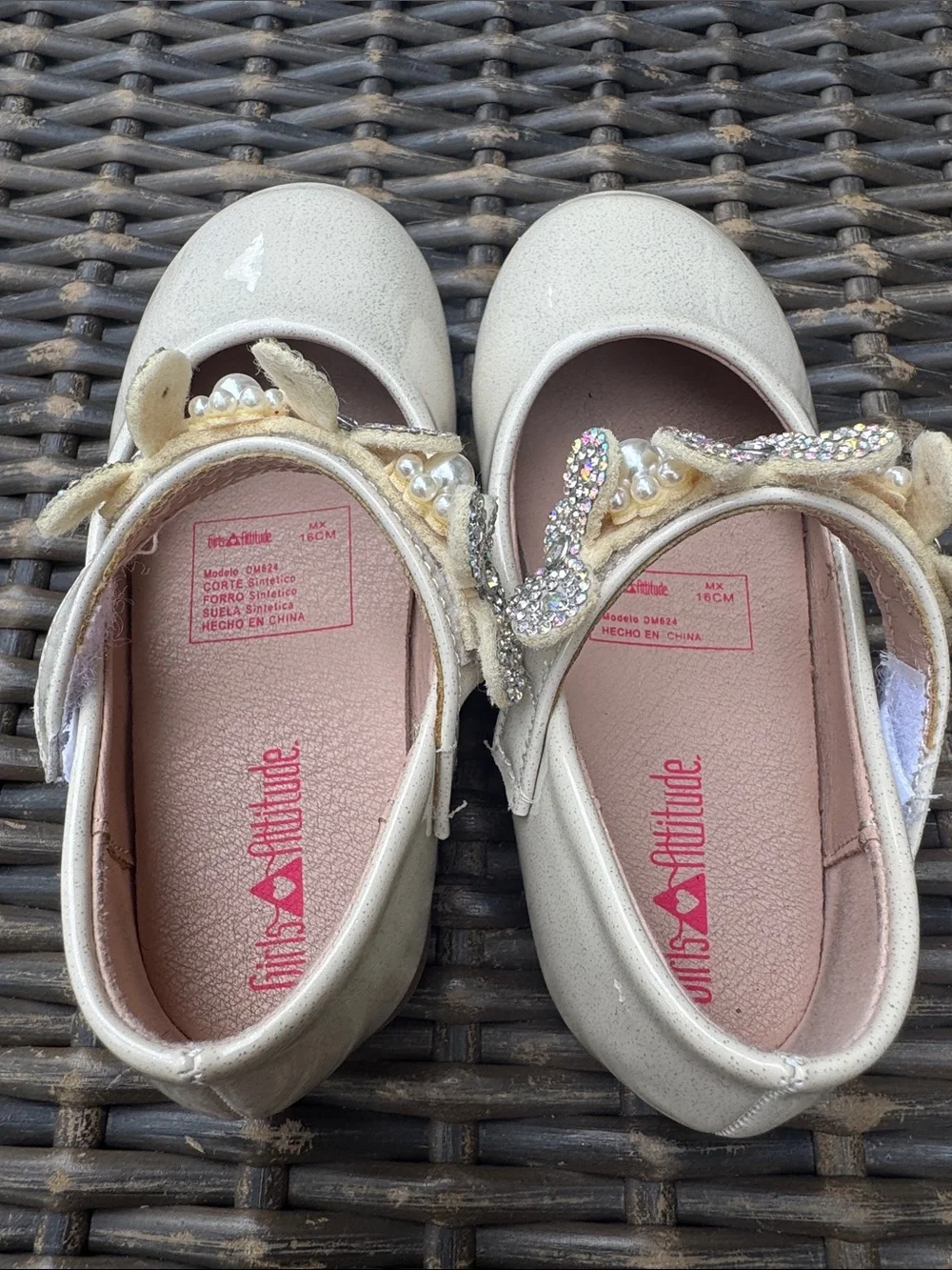 Girls' Cream Patent Mary Jane with Jeweled Butterfly Strap